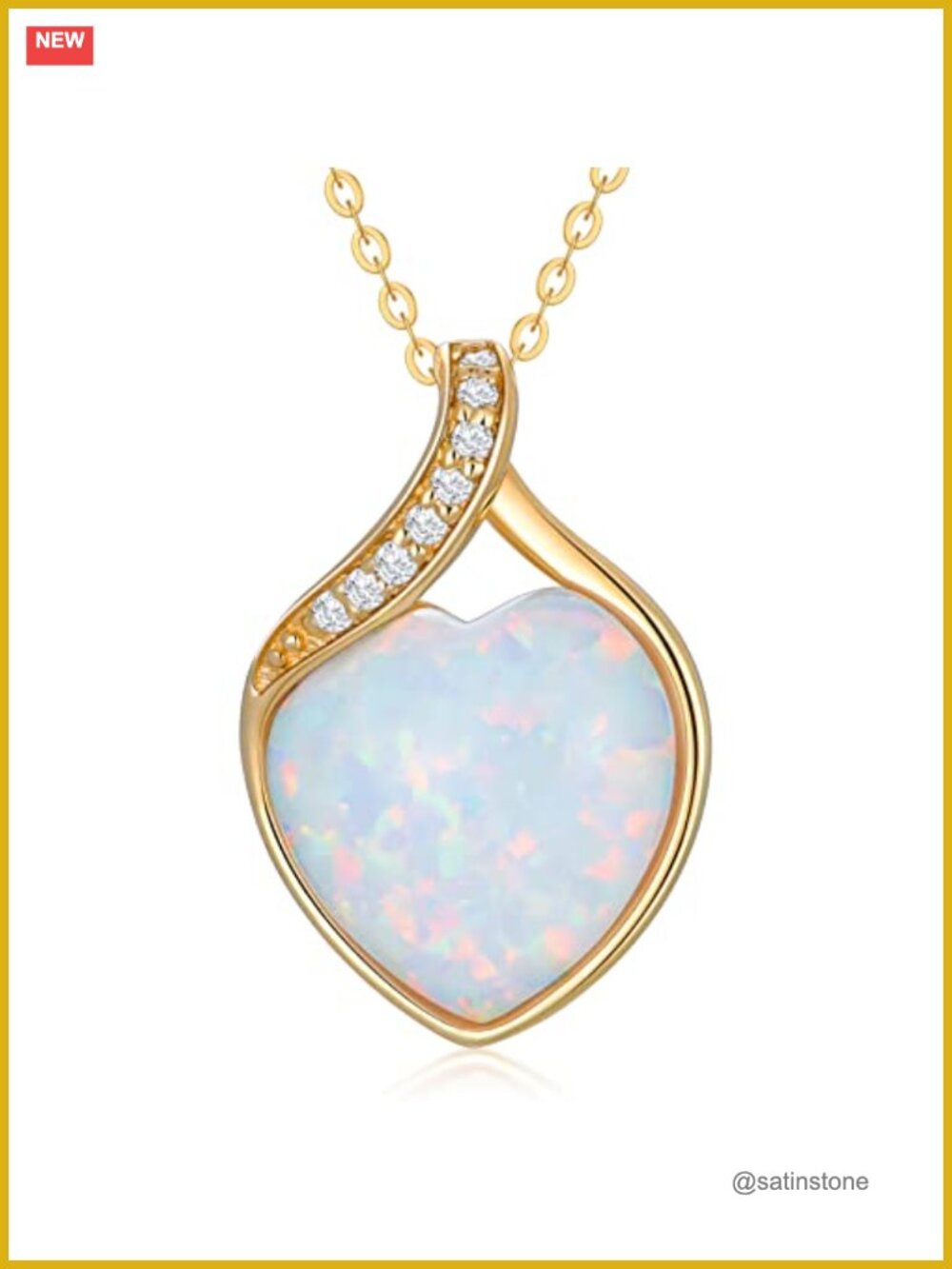 14k Solid Gold Opal Heart Pendant Necklace with Genuine Diamond 16-18"